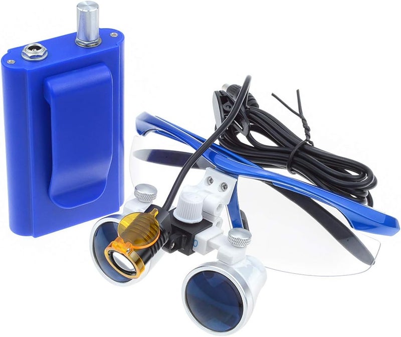 EustomA 2.5X Binocular Loupes Optical Glass Magnifier with 3W LED Waist Hanging Light Clip on Lamp DY-004 with Optical Filter Storage Box (Blue) - Image 4